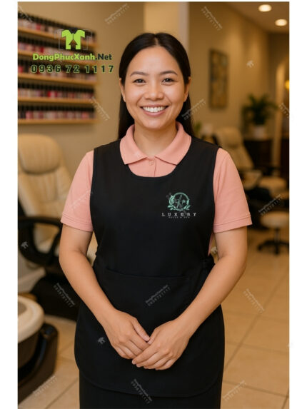 Tạp dề nail màu đen vải kaki thun in logo KP Luxury chống bám bụi