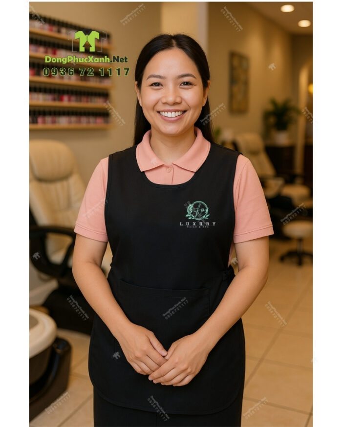 Tạp dề nail màu đen vải kaki thun in logo KP Luxury chống bám bụi