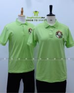 Đồng phục phục vụ màu xanh cốm vải cá sấu poly thái in logo Má Mát Cần Thơ