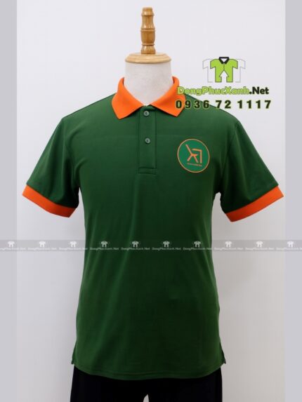 Áo thun đồng phục công ty KT màu xanh lá phối cam vải cá sấu 65/35