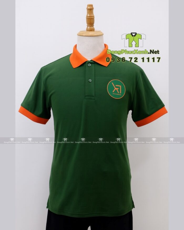 Áo thun đồng phục công ty KT màu xanh lá phối cam vải cá sấu 65/35