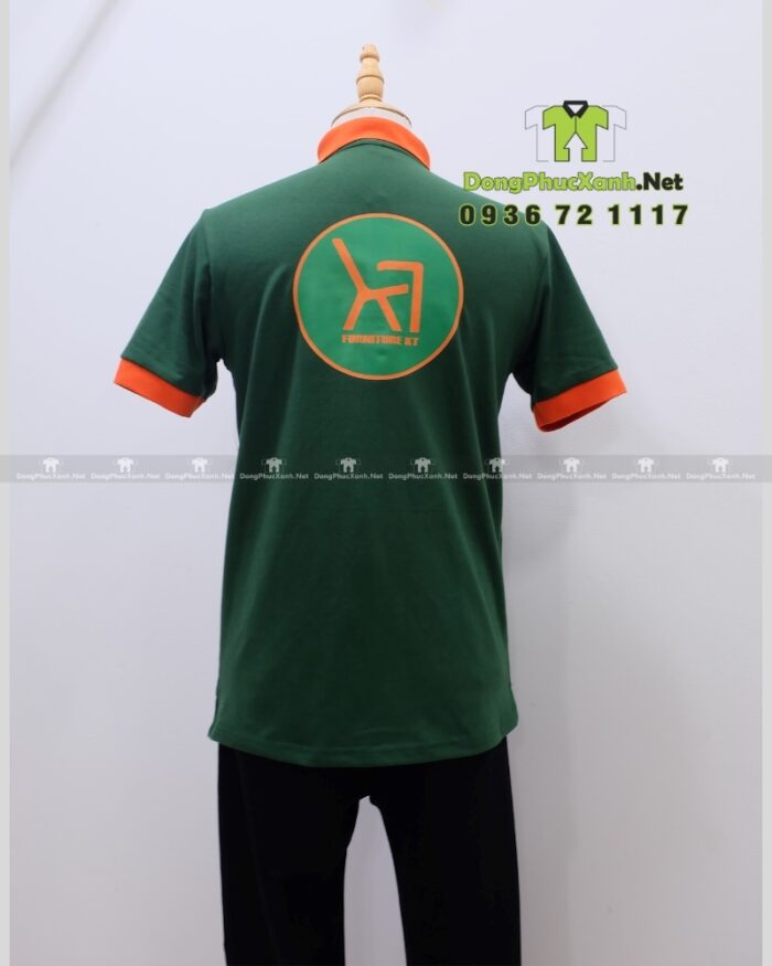 Áo thun đồng phục công ty KT màu xanh lá phối cam vải cá sấu 65/35
