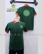 Áo thun đồng phục công ty KT màu xanh lá phối cam vải cá sấu 65/35