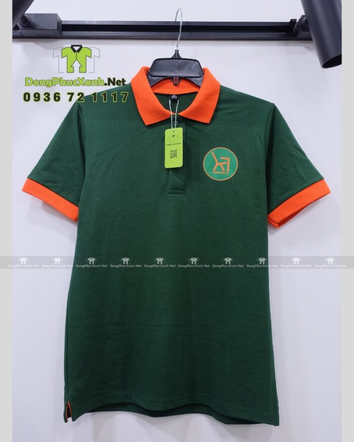 Áo thun đồng phục công ty KT màu xanh lá phối cam vải cá sấu 65/35