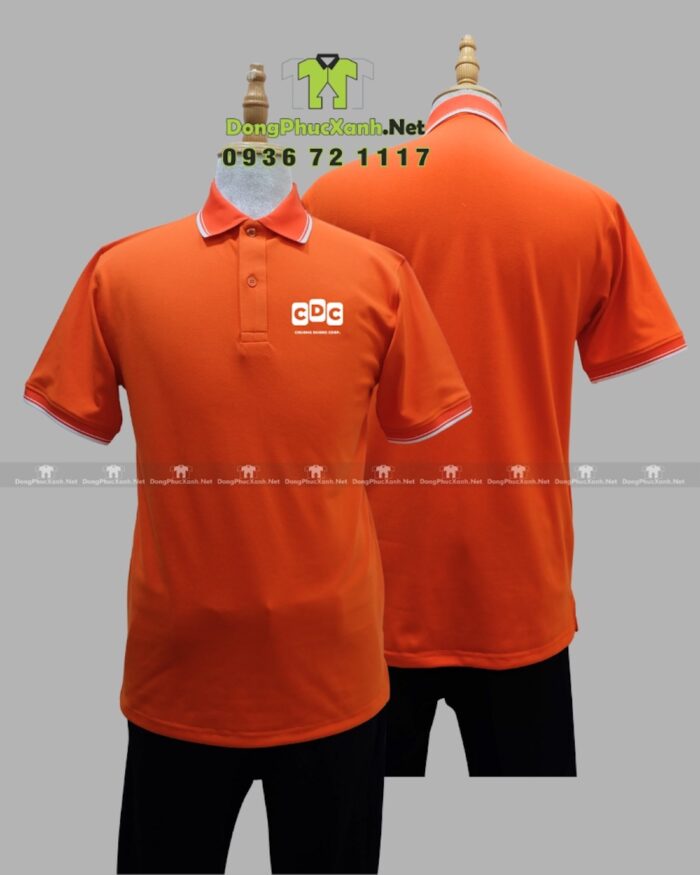 Áo thun đồng phục công ty CDC màu cam vải cá sấu 65/35.