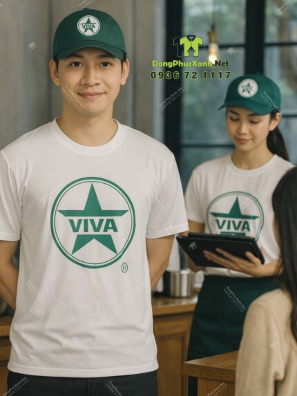 Đồng phục quán cafe VIVA áo thun trắng vải cá sấu poly thái in logo thương hiệu