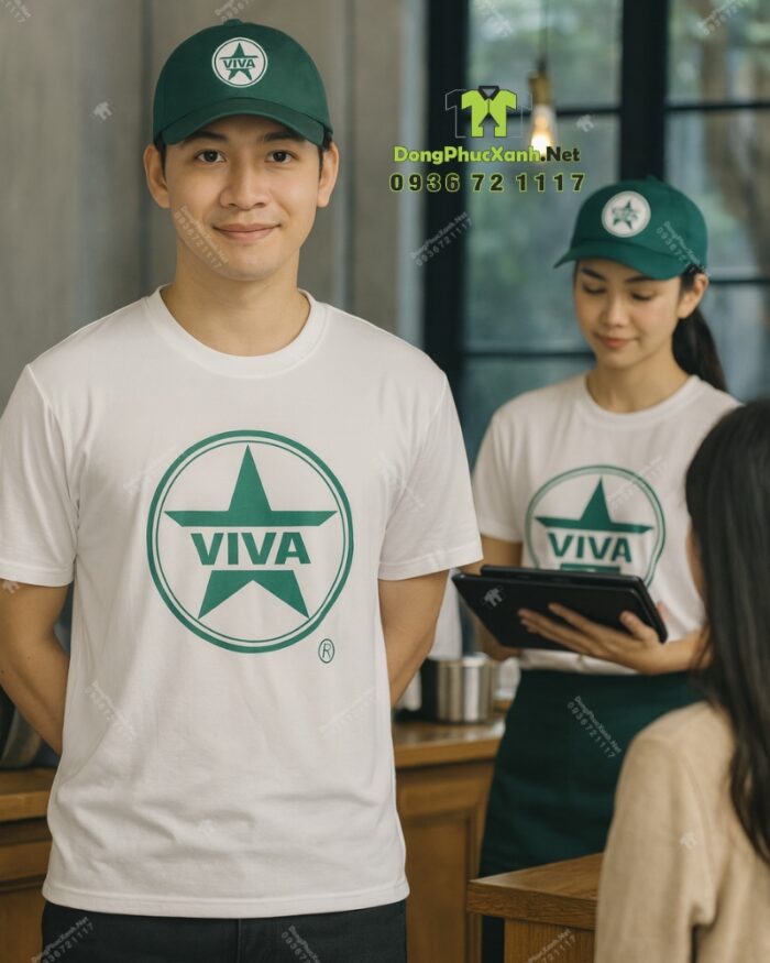 Đồng phục quán cafe VIVA áo thun trắng vải cá sấu poly thái in logo thương hiệu