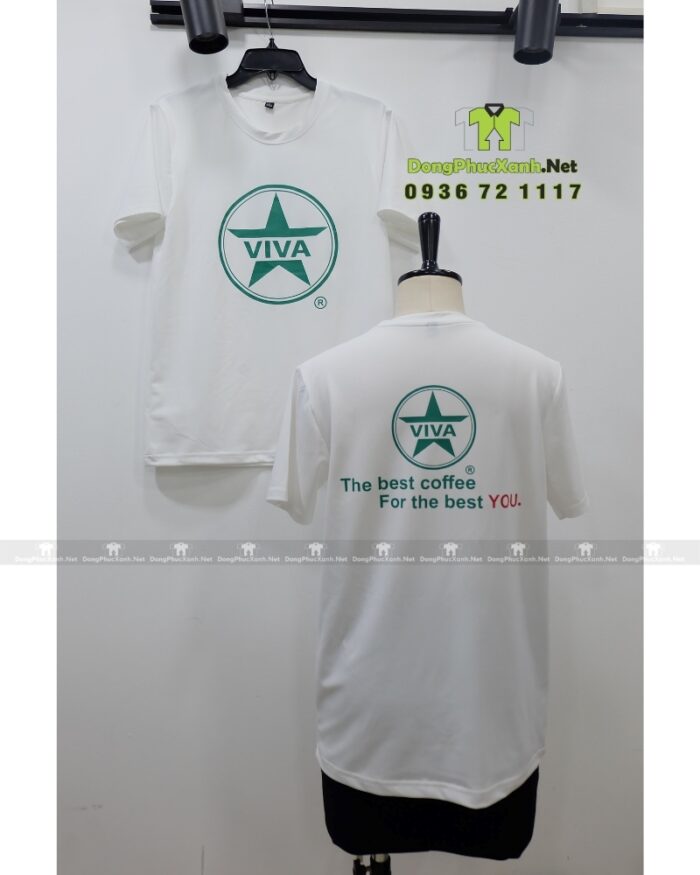 Đồng phục quán cafe VIVA áo thun trắng vải cá sấu poly thái in logo thương hiệu