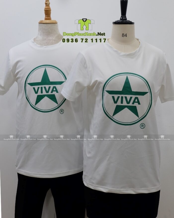 Đồng phục quán cafe VIVA áo thun trắng vải cá sấu poly thái in logo thương hiệu