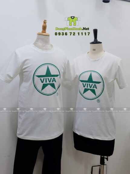 Đồng phục quán cafe VIVA áo thun trắng vải cá sấu poly thái in logo thương hiệu