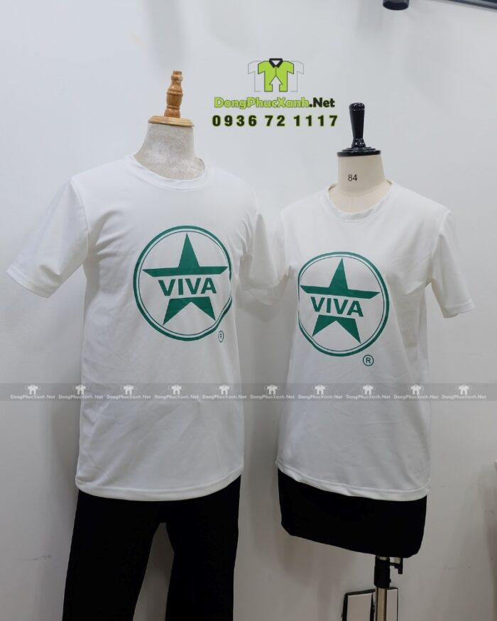 Đồng phục quán cafe VIVA áo thun trắng vải cá sấu poly thái in logo thương hiệu