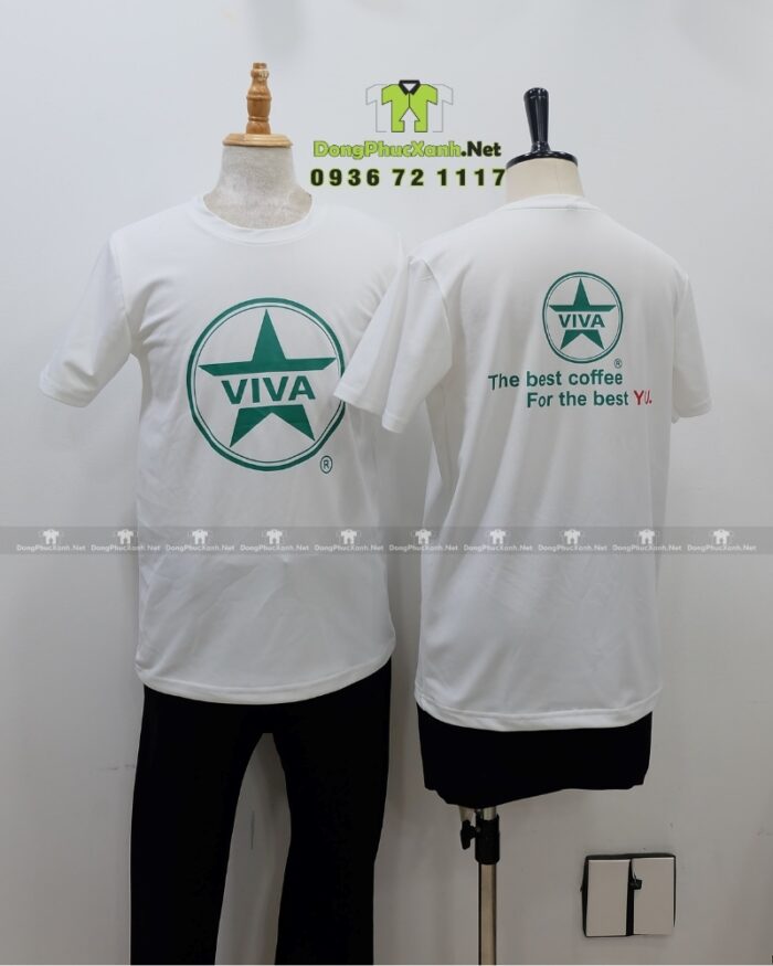 Đồng phục quán cafe VIVA áo thun trắng vải cá sấu poly thái in logo thương hiệu
