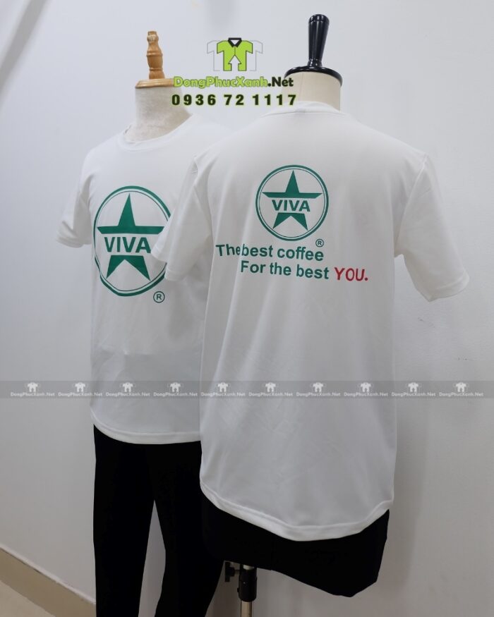 Đồng phục quán cafe VIVA áo thun trắng vải cá sấu poly thái in logo thương hiệu