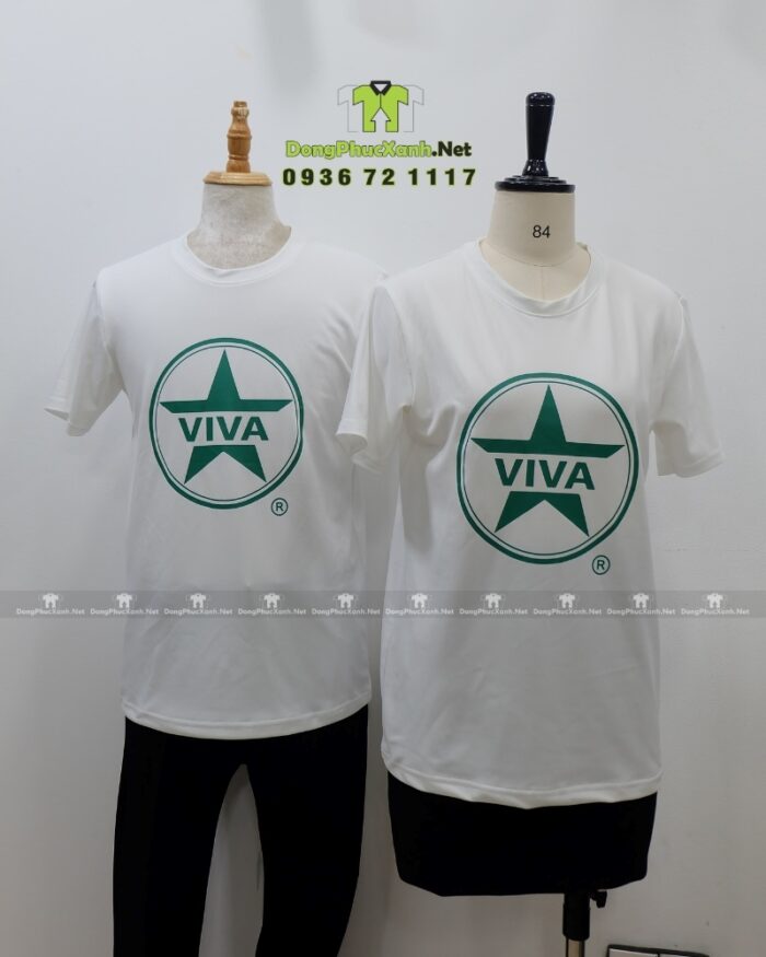 Đồng phục quán cafe VIVA áo thun trắng vải cá sấu poly thái in logo thương hiệu