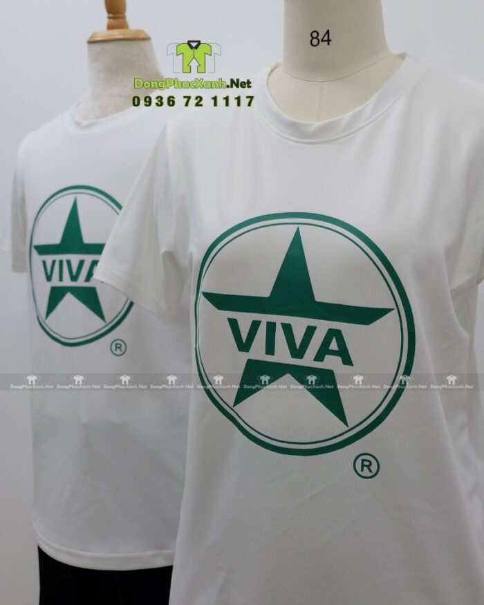 Đồng phục quán cafe VIVA áo thun trắng vải cá sấu poly thái in logo thương hiệu