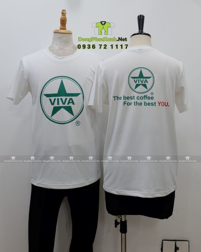Đồng phục quán cafe VIVA áo thun trắng vải cá sấu poly thái in logo thương hiệu