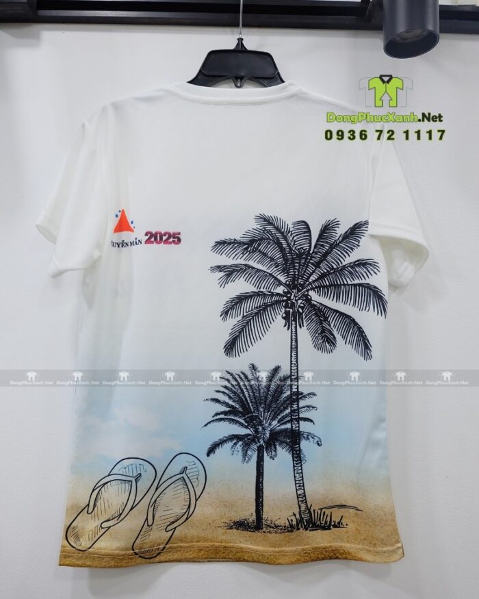 Đồng phục team building vải thun mè in logo Nguyễn Mẫn 2025 và hình ảnh bãi biển