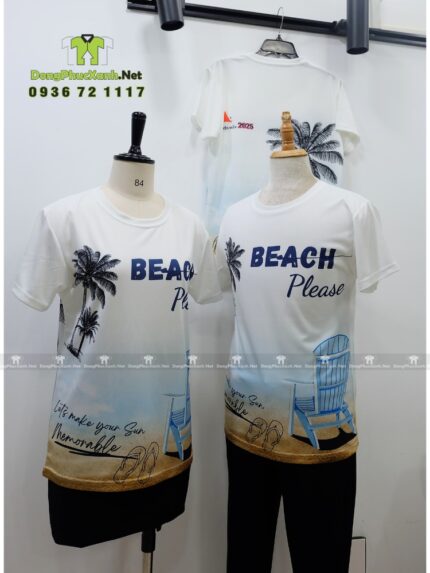 Đồng phục team building vải thun mè in logo Nguyễn Mẫn 2025 và hình ảnh bãi biển
