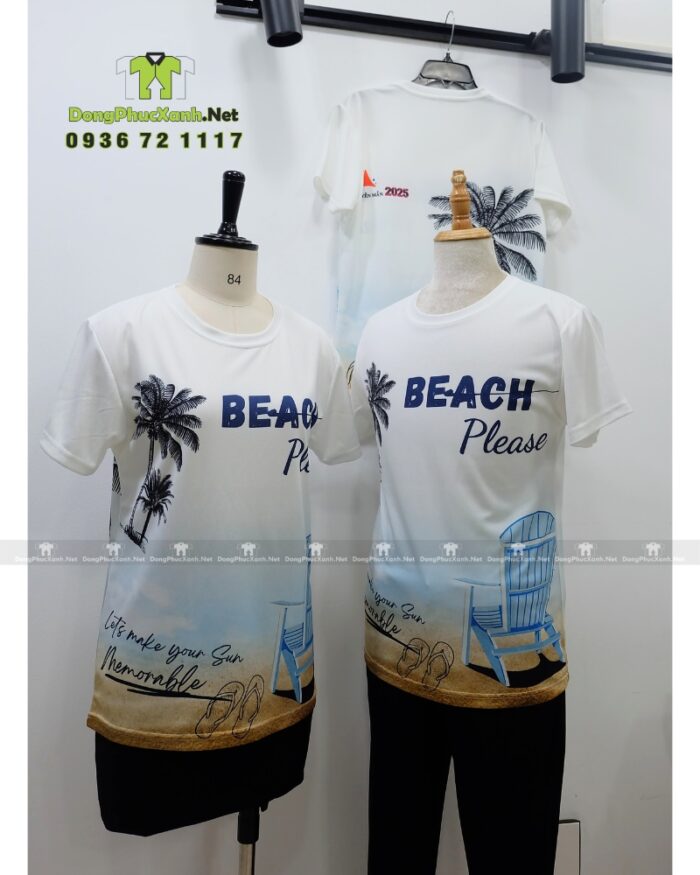 Đồng phục team building vải thun mè in logo Nguyễn Mẫn 2025 và hình ảnh bãi biển