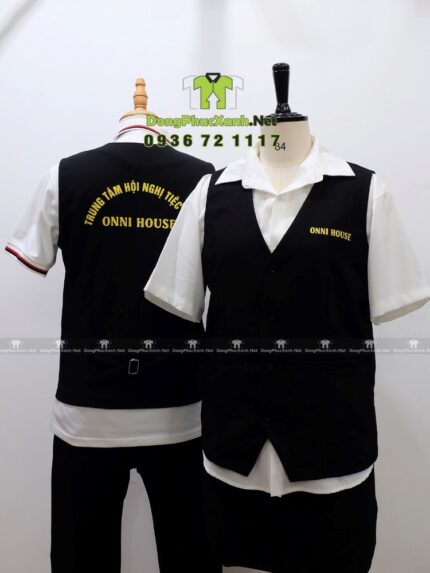 Áo vest gile Onni House màu đen vải kaki thun in logo vàng