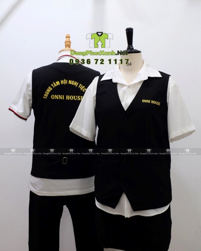 Áo vest gile Onni House màu đen vải kaki thun in logo vàng