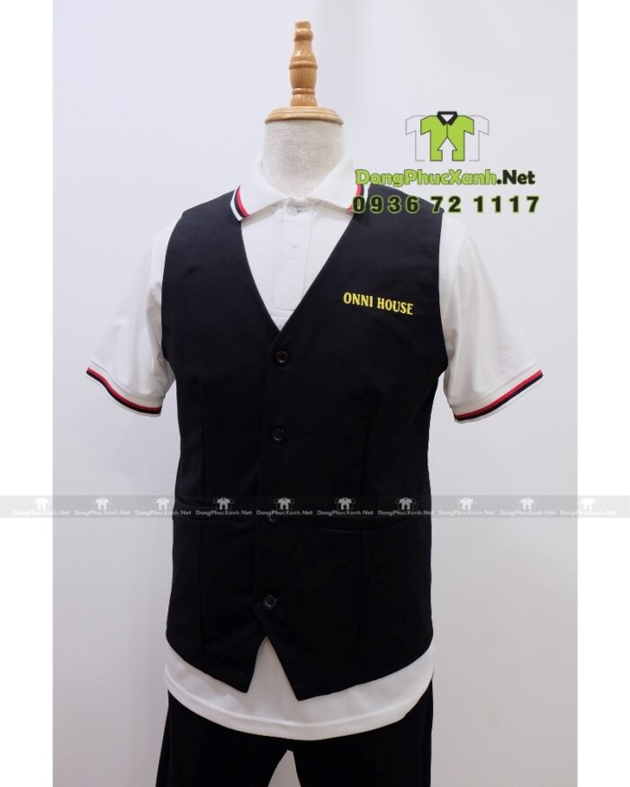 Áo vest gile Onni House màu đen vải kaki thun in logo vàng