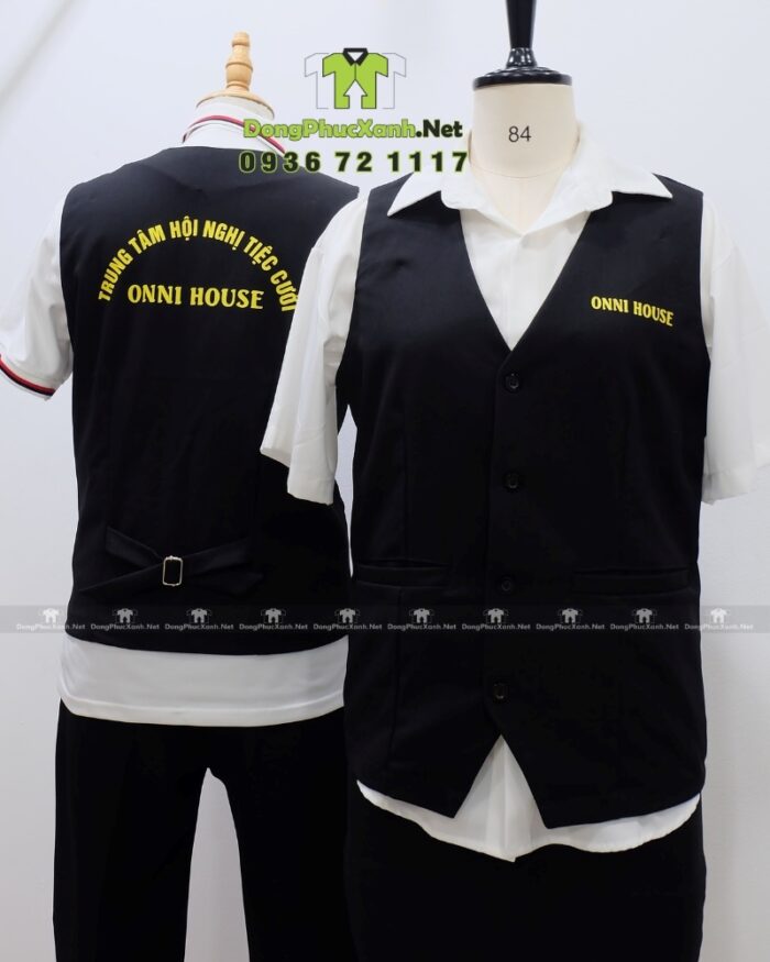 Áo vest gile Onni House màu đen vải kaki thun in logo vàng