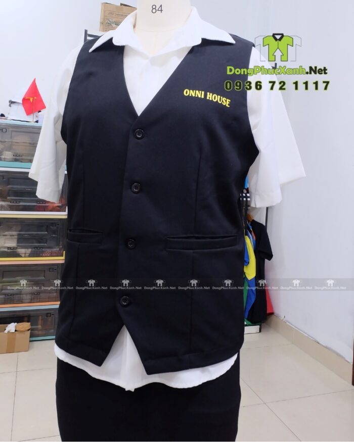 Áo vest gile Onni House màu đen vải kaki thun in logo vàng