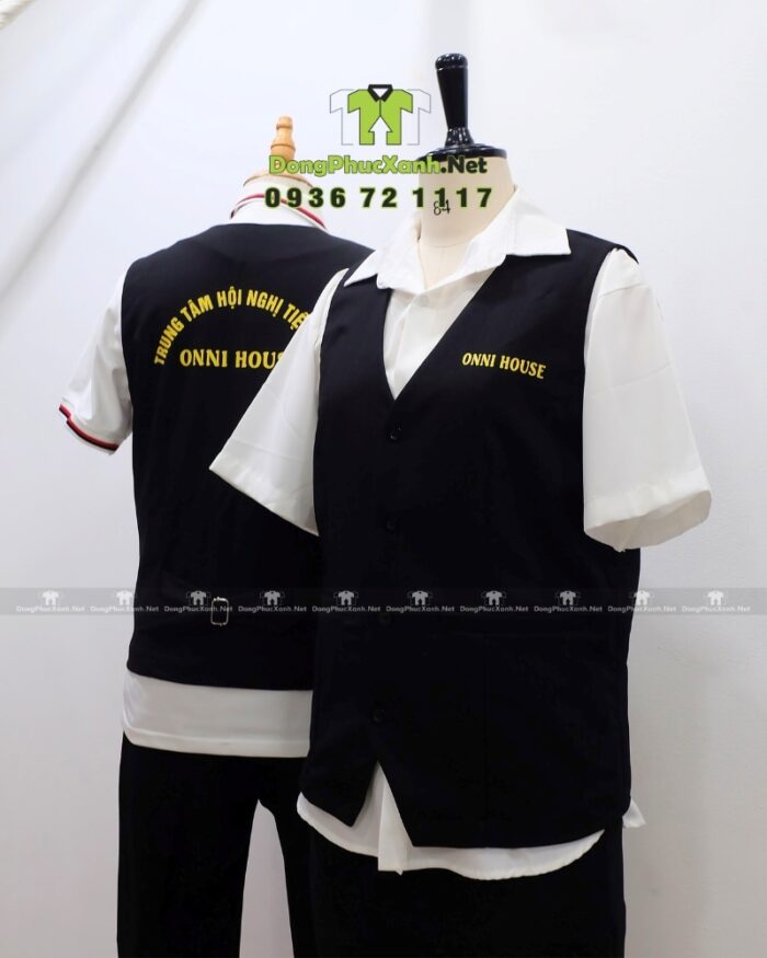 Áo vest gile Onni House màu đen vải kaki thun in logo vàng