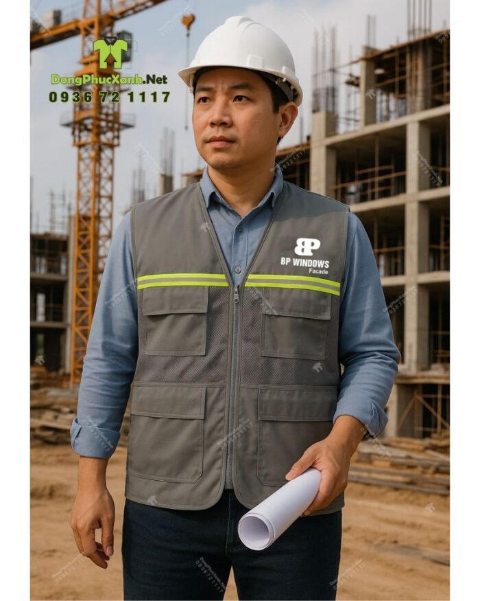 Áo gile kỹ sư phản quang vải kaki phối lưới in logo theo yêu cầu.
