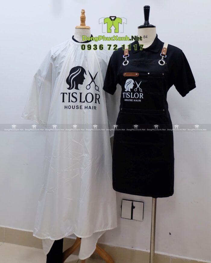 Áo choàng tóc in logo Tislor màu đen và trắng vải dù.