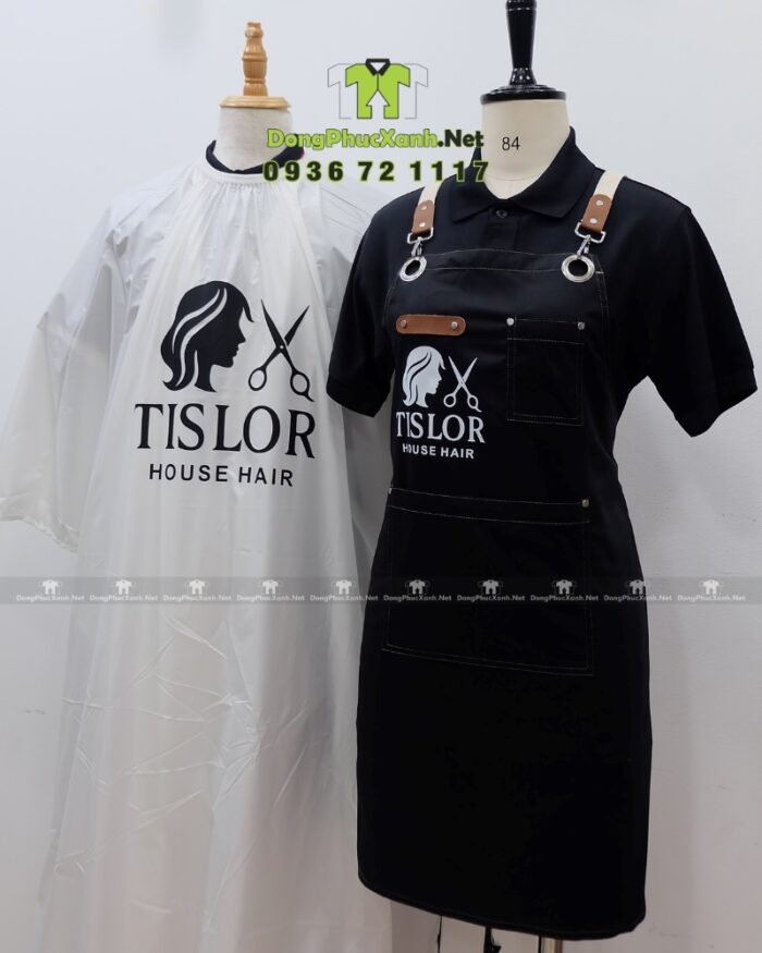 Áo choàng tóc in logo Tislor màu đen và trắng vải dù.