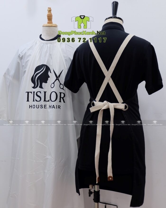Áo choàng tóc in logo Tislor màu đen và trắng vải dù.