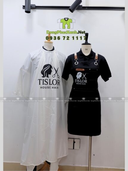 Áo choàng tóc in logo Tislor màu đen và trắng vải dù.