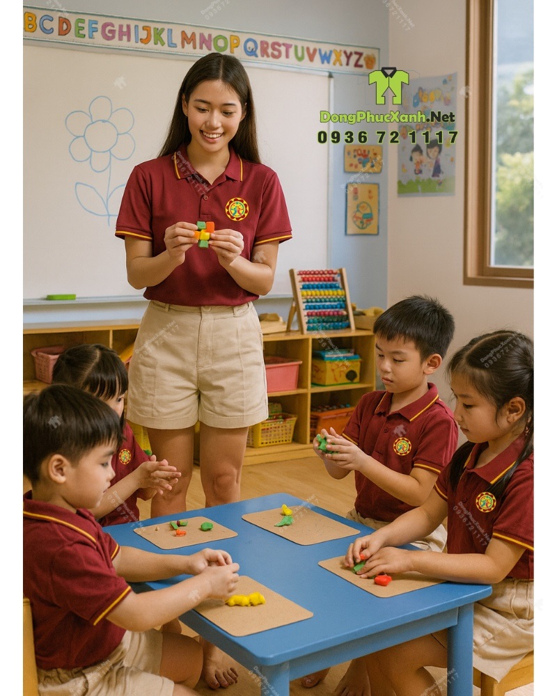 Đồng phục mầm non Khai Sáng vải cá sấu poly và kaki 65/35 Đồng phục mầm non áo đỏ váy kaki in logo Khai Sáng