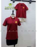 Đồng phục mầm non áo đỏ váy kaki in logo Khai Sáng