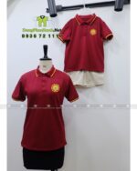 Đồng phục mầm non áo đỏ váy kaki in logo Khai Sáng