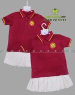 Đồng phục mầm non áo đỏ váy kaki in logo Khai Sáng