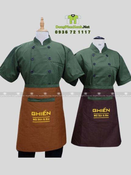 Đồng phục đầu bếp áo bếp xanh tạp dề nâu logo Ghiền.