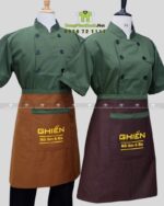 Đồng phục đầu bếp áo bếp xanh tạp dề nâu logo Ghiền.