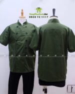 Đồng phục đầu bếp áo bếp xanh tạp dề nâu logo Ghiền.