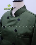 Đồng phục đầu bếp áo bếp xanh tạp dề nâu logo Ghiền.