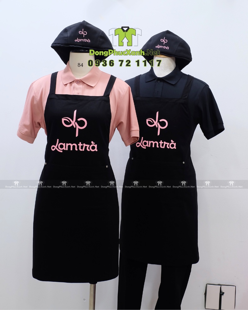 Đồng phục nhân viên phục vụ Lam Trà hiện đại, tạp dề kaki cotton. Đồng phục phục vụ Lam Trà gồm tạp dề và nón kaki cotton.