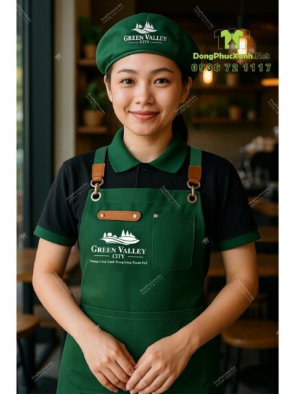 Đồng phục quán cafe Green Valley City gồm áo thun đen, tạp dề xanh và nón kaki in logo