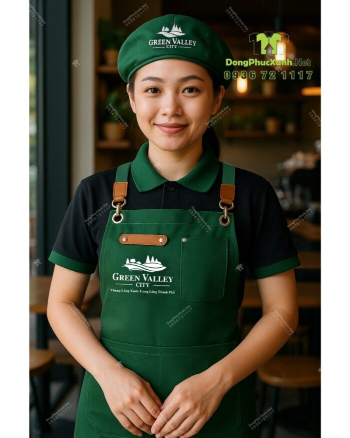 Đồng phục quán cafe Green Valley City gồm áo thun đen, tạp dề xanh và nón kaki in logo