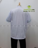 Đồng phục đầu bếp áo trắng tạp dề xanh logo Hạnh Phúc.