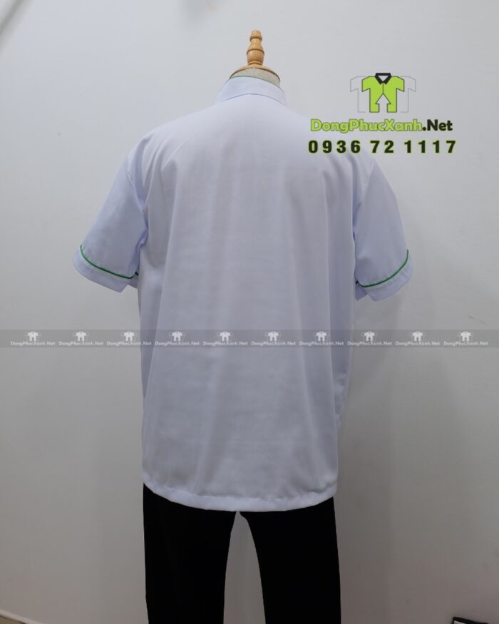 Đồng phục đầu bếp áo trắng tạp dề xanh logo Hạnh Phúc.