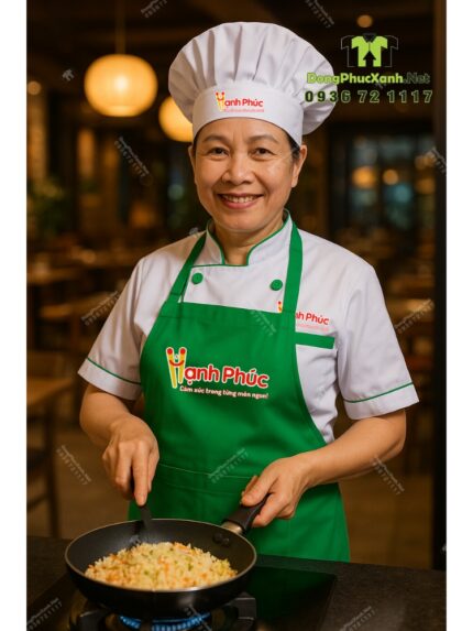 Đồng phục đầu bếp áo trắng tạp dề xanh logo Hạnh Phúc.