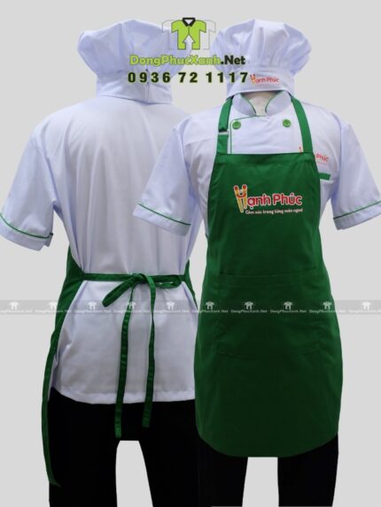 Đồng phục đầu bếp áo trắng tạp dề xanh logo Hạnh Phúc.