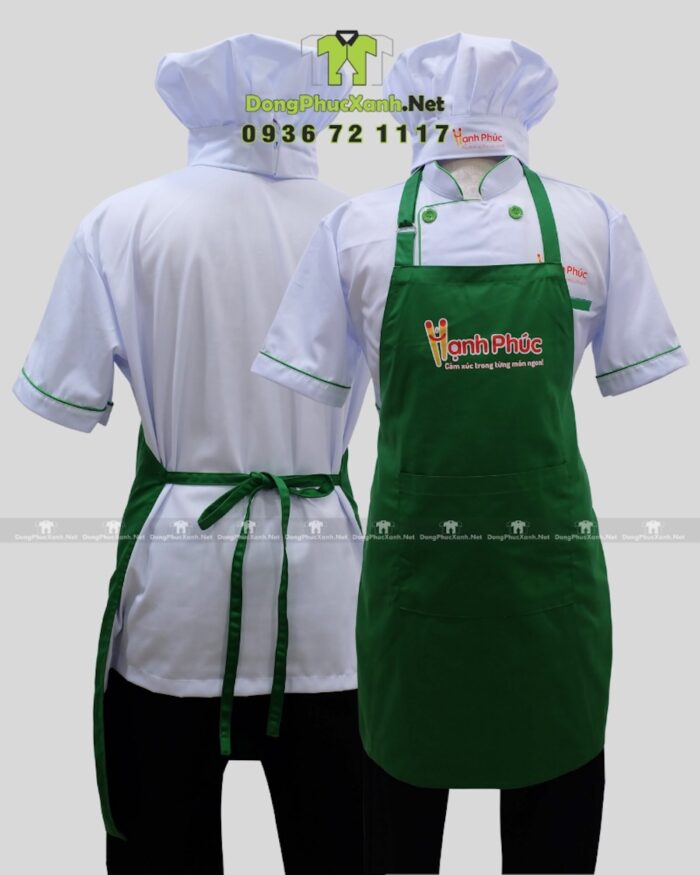 Đồng phục đầu bếp áo trắng tạp dề xanh logo Hạnh Phúc.